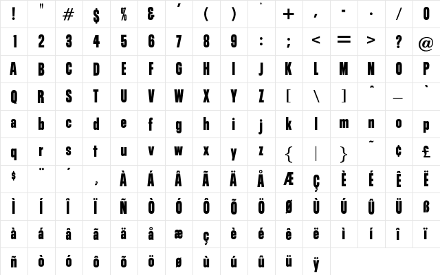 Hombre Regular  glyph index