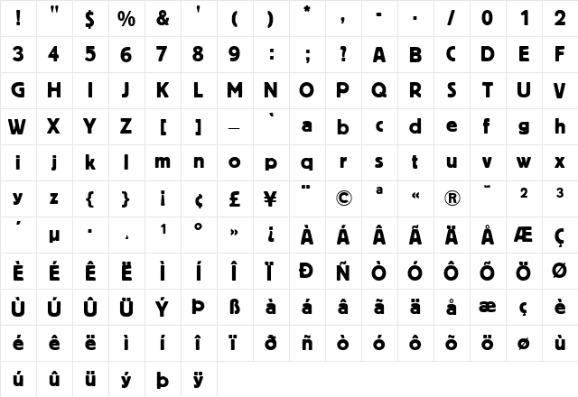 BlockBE Regular  glyph index