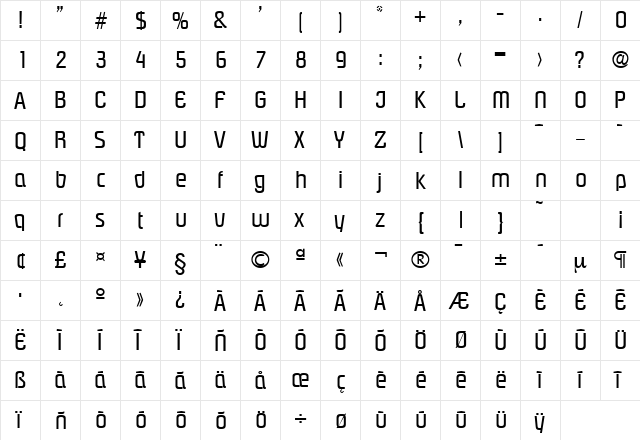Pasadena-Serial Regular  glyph index