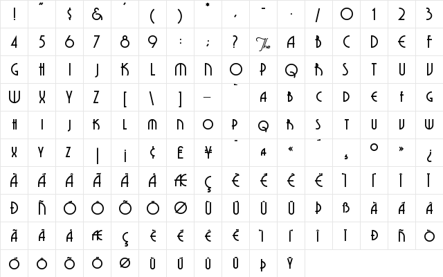 Grenadier Regular  glyph index