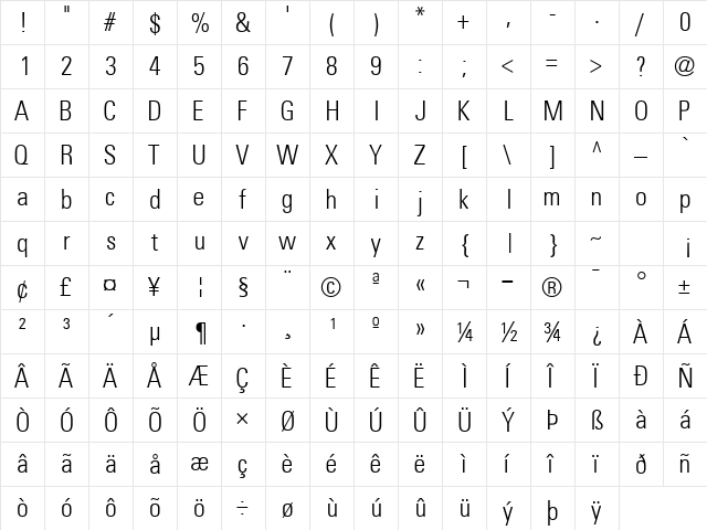 NovaLightCondSSK Regular  glyph index