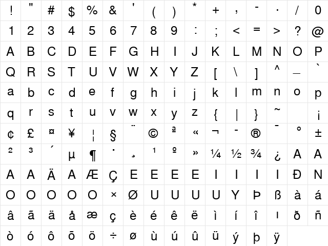 WestSansSSK Regular  glyph index