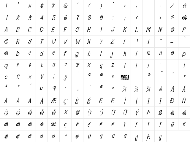 Maraca Italic  glyph index