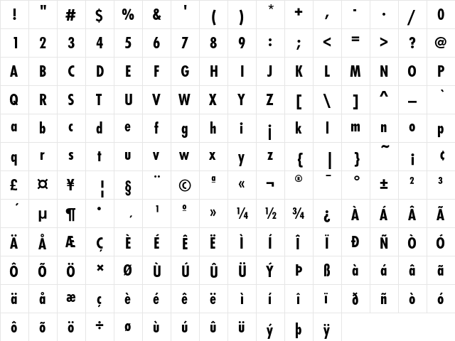 FuturaEF BoldCond  glyph index