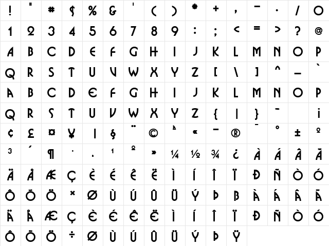 Busso Wide Normal  glyph index