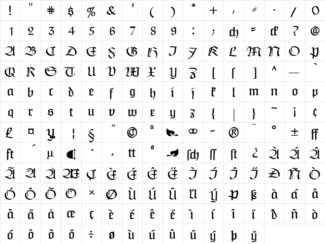 Claudius Headline Regular  glyph index