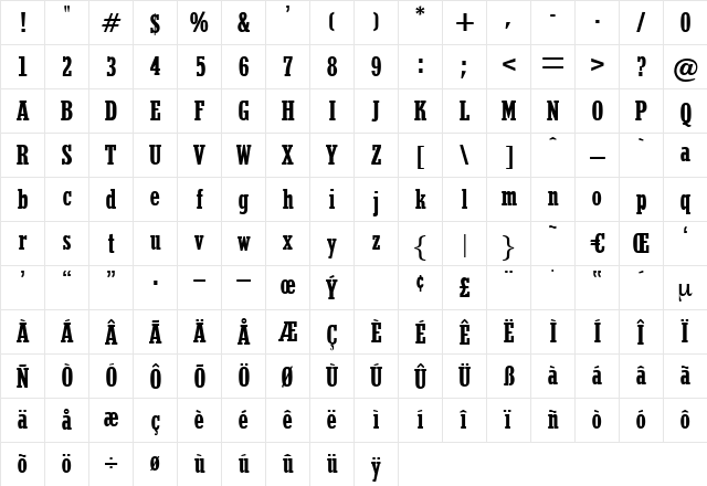 QuarterBold Regular  glyph index