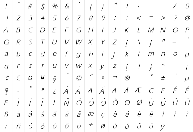 Eric Italic  glyph index