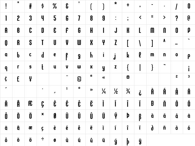 Kleptocracy Condensed Regular  glyph index