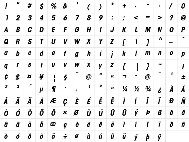 ITC Avant Garde Gothic Std Bold Condensed Oblique  glyph index