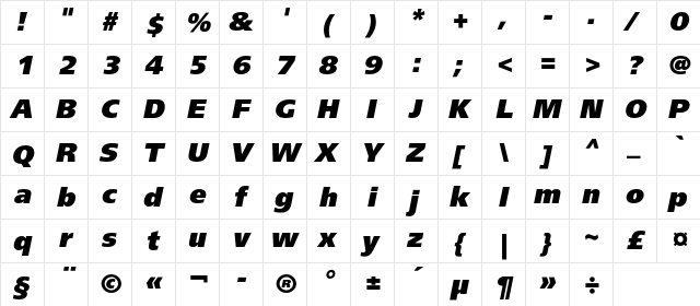 FreeSetExtraBoldC Italic  glyph index