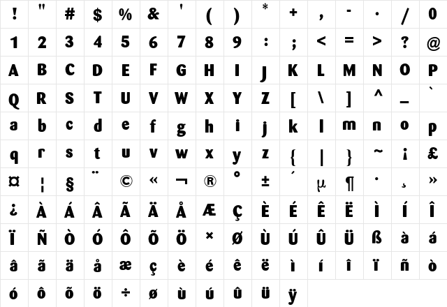 Barmeno BQ Regular  glyph index