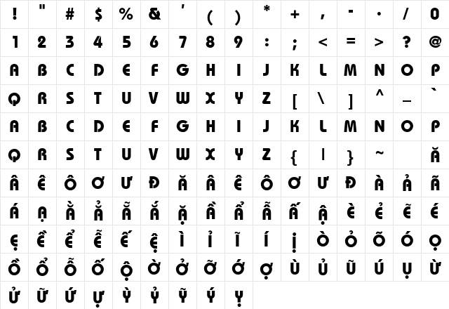 .VnBahamasBH Bold  glyph index