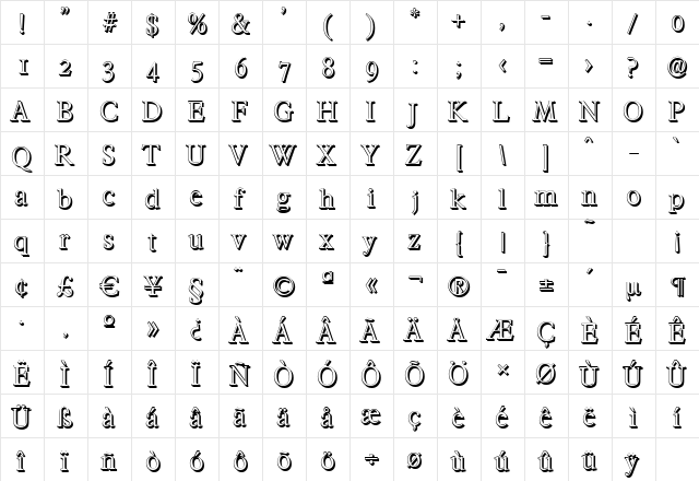 FranciscoShadow-Light Regular  glyph index