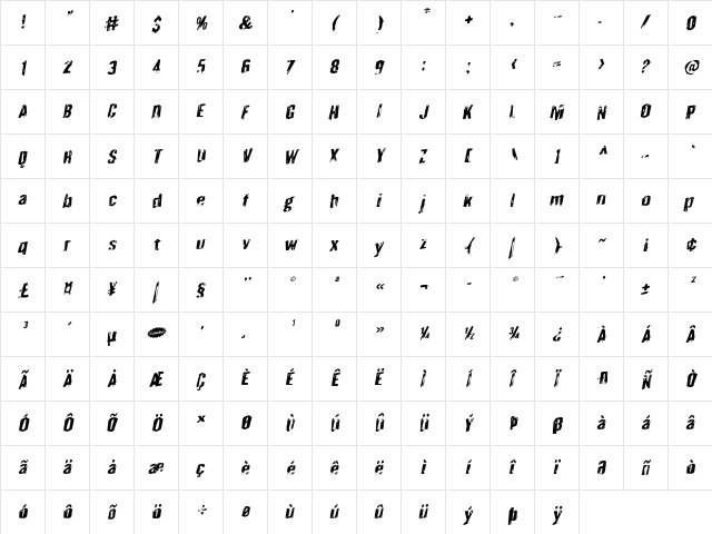 Quarrystone Rotalic Italic  glyph index