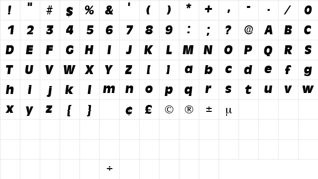 MisceDisplaySSK Italic  glyph index