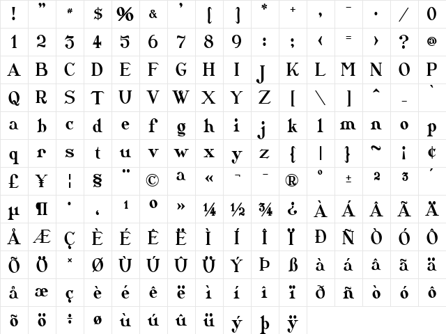 CatShop Regular  glyph index