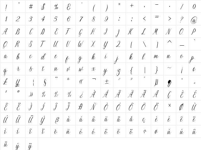 NightingaleScript Regular  glyph index