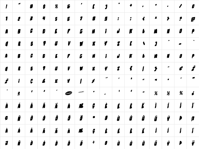 Nobody's Home Rotalic Italic  glyph index