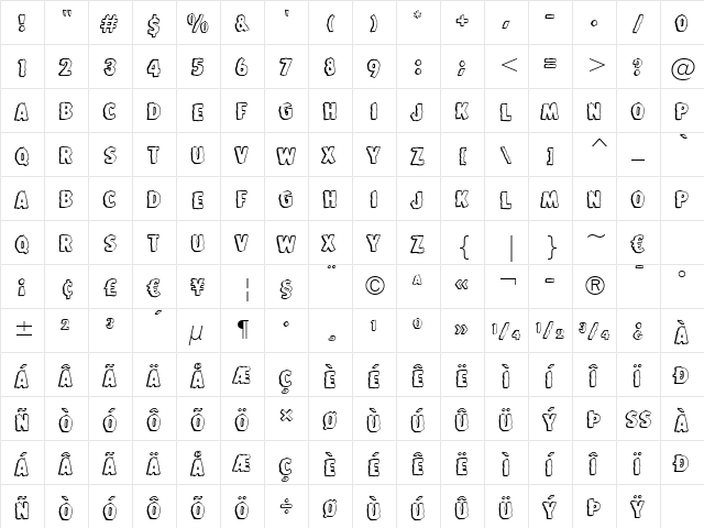 StoneAge BT Regular  glyph index