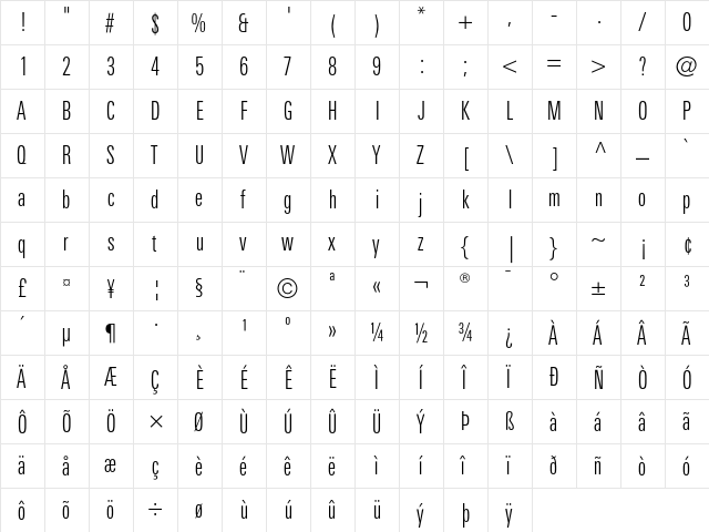 LinotypeUnivers CompLight  glyph index