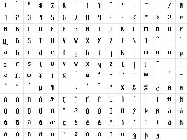 Sanity Wide Bold  glyph index