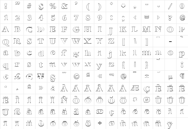 BernsteinOutline-Heavy Regular  glyph index