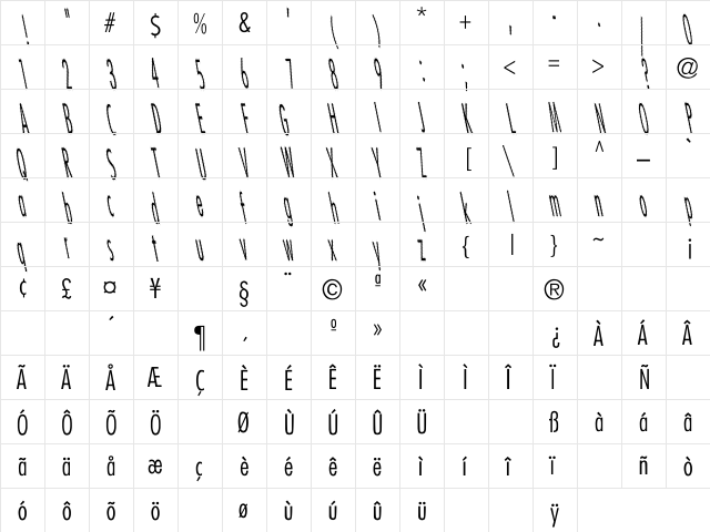 CatScratch Thin Rev Italic Regular  glyph index