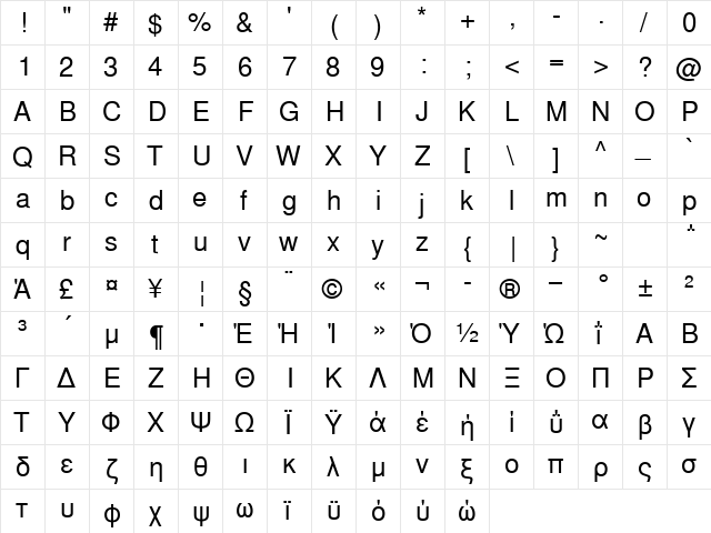 NimbusSanLGR Regular  glyph index