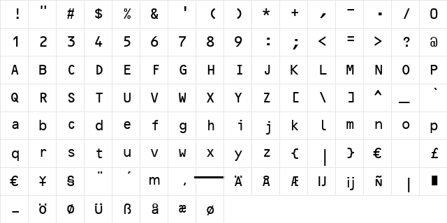 OCR-B 10 BT Regular  glyph index