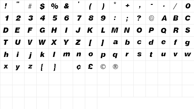 ChoqueSSK BoldItalic  glyph index