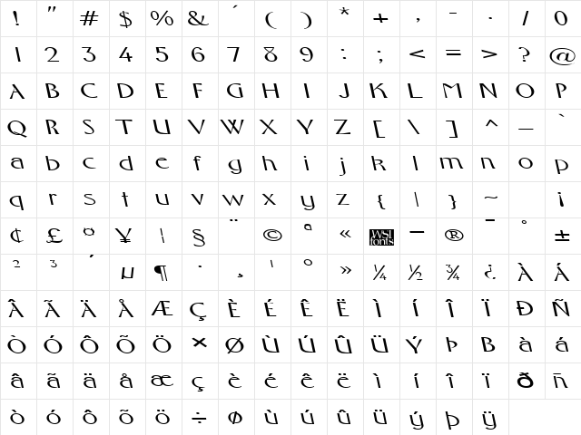 FosterExpandedBS Regular  glyph index
