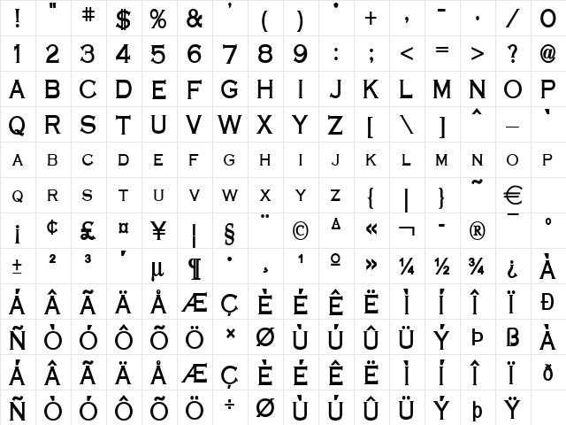 CobaltCondensed Bold  glyph index