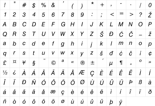 SL Swiss Italic  glyph index
