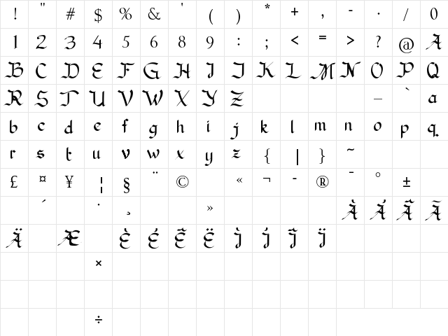 Nieuwegein Regular  glyph index