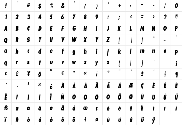 SansSerifFLFCond-Exbol Roman  glyph index