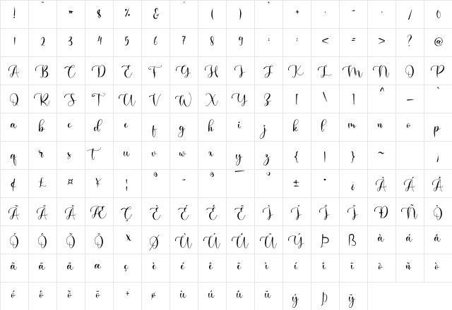 Holiday Regular  glyph index
