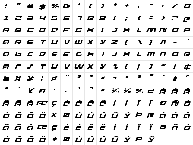 Pulse Rifle Italic Italic  glyph index