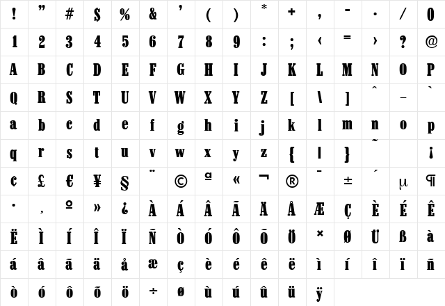 ColonelSerial-Heavy Regular  glyph index