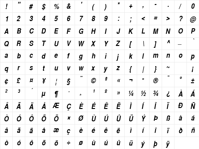 SansCond Bold Italic  glyph index