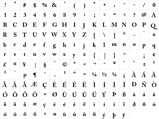 Adobe Caslon Pro Bold Regular  glyph index