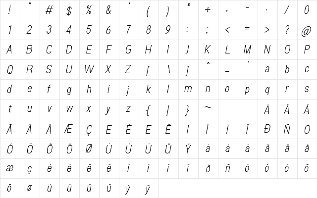 Sanlulus Light Italic Regular  glyph index