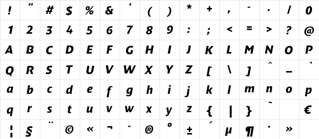 DendaNewC Bold Italic  glyph index