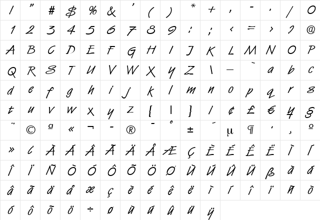 JennyBecker Regular  glyph index