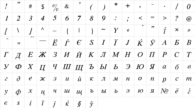 CyrillicTimes Italic  glyph index