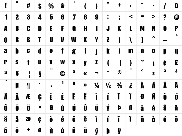 PF Fusion Sans Pro Black  glyph index