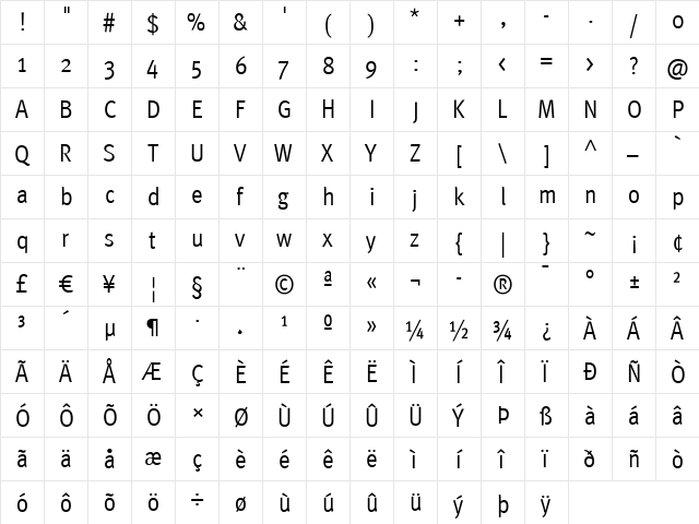 MetaCond Roman  glyph index