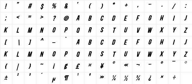 Blackside Bold Italic  glyph index