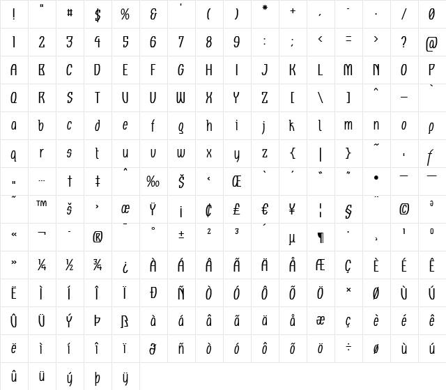 Komikaze Regular  glyph index