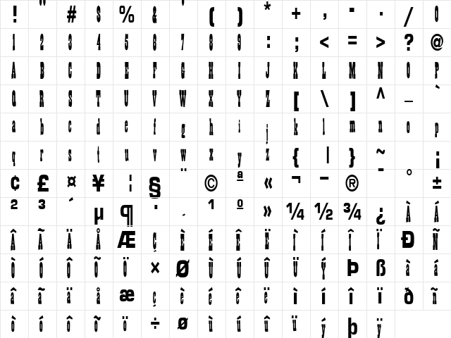 Billy Regular  glyph index